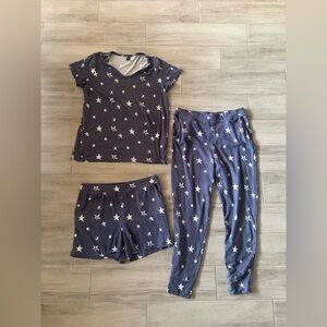 Soft Comfy Navy Blue Star Pajama Top, Shorts, Pants Set